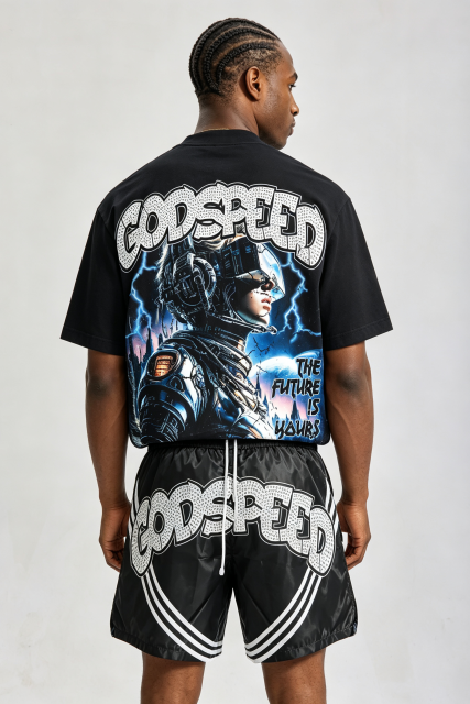 Custom Futuristic Astronaut Graphic Short‑Sleeve T‑Shirt & Striped Shorts Set | Men Oversized Cyberpunk Streetwear 2‑Piece Outfit