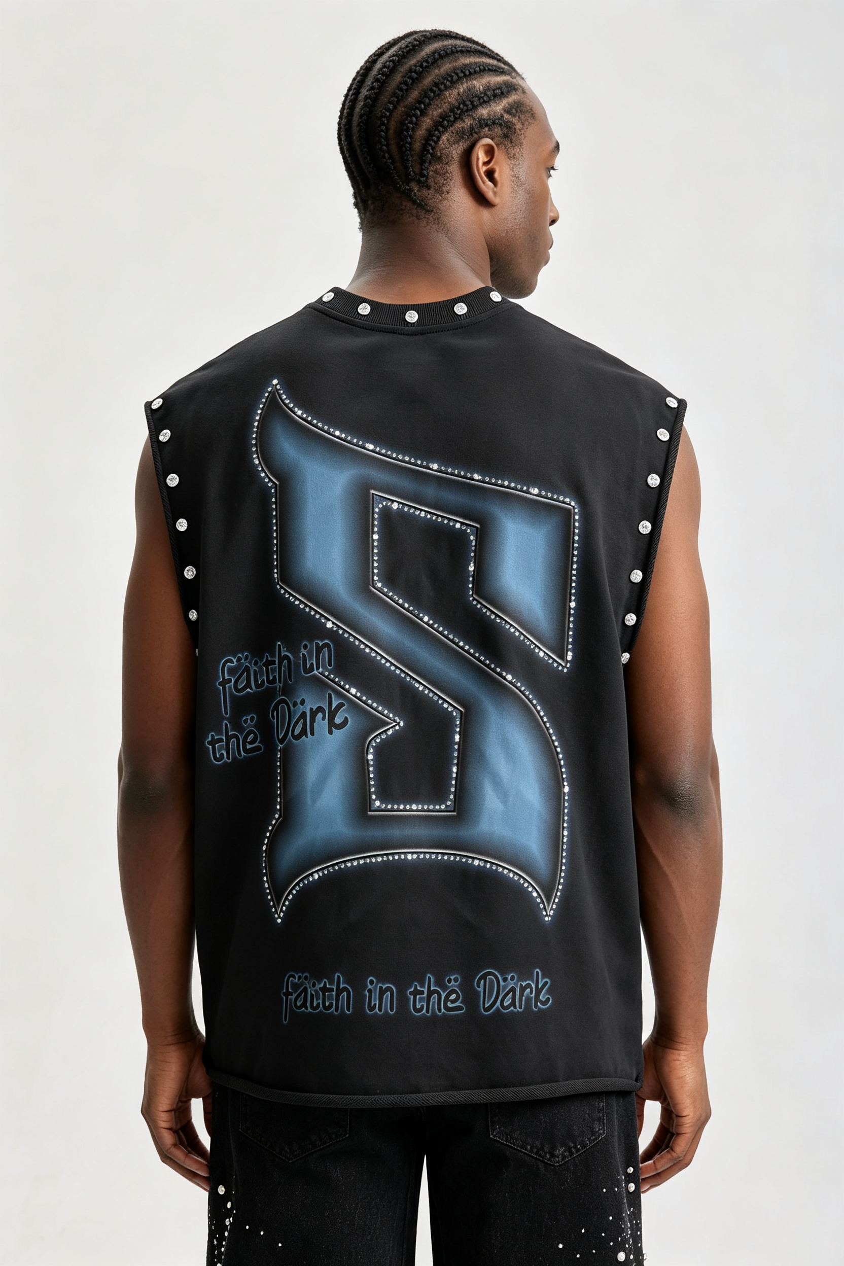 Custom Stud‑Embellished "Faith In The Dark" Graphic Sleeveless Tank Top | Men Oversized Gothic Hip‑Hop Streetwear Cut‑Off Vest