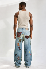 Custom Gothic Letter Patchwork Distressed Baggy Jeans | Men Raw‑Edge Frayed Wide‑Leg Streetwear Denim Pants