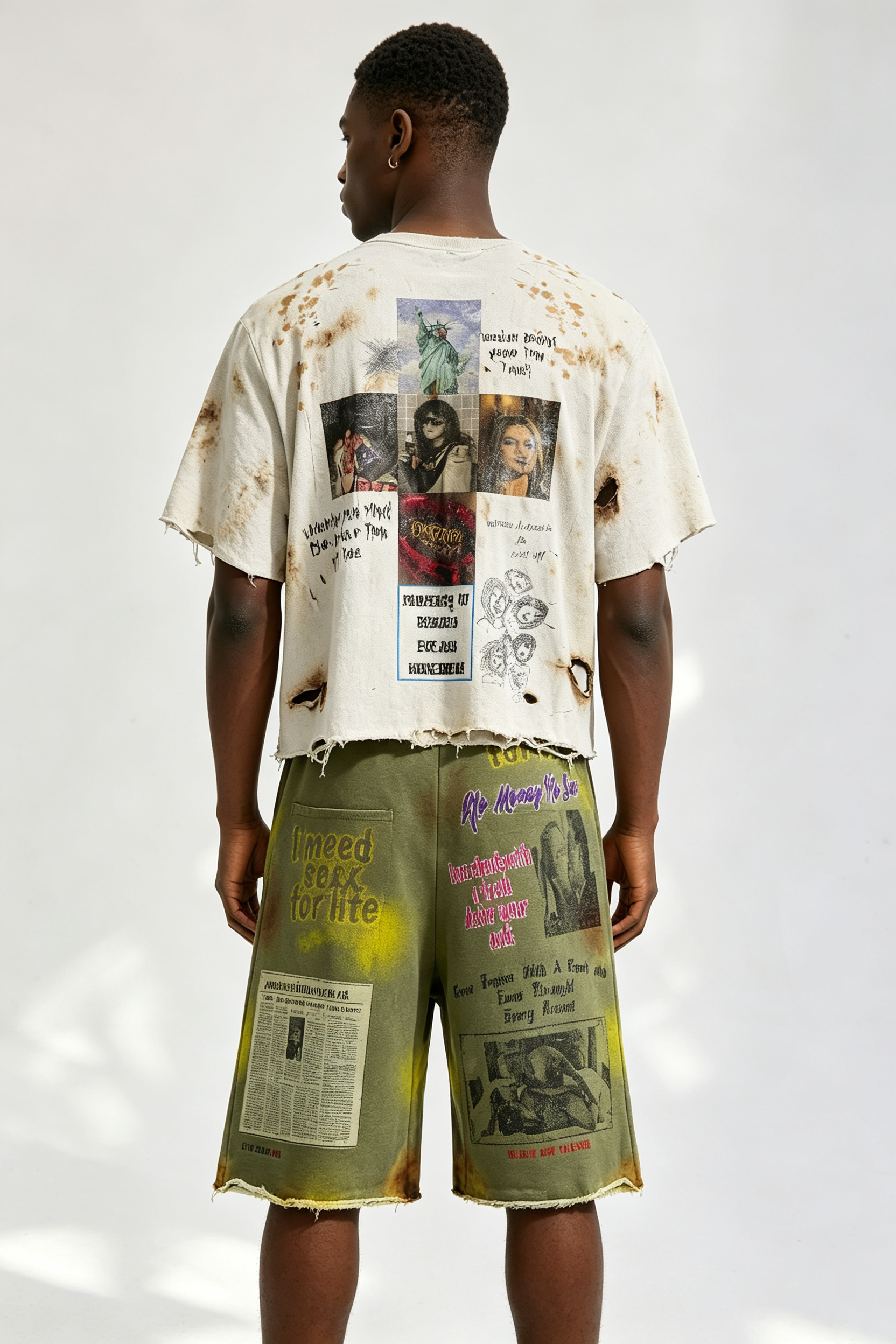 Custom Distressed Splatter‑Stain Collage Graphic Cropped Tee & Tie‑Dye Shorts Set | Men Destroyed Raw‑Edge Streetwear 2‑Piece Outfit