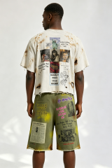 Custom Distressed Splatter‑Stain Collage Graphic Cropped Tee & Tie‑Dye Shorts Set | Men Destroyed Raw‑Edge Streetwear 2‑Piece Outfit