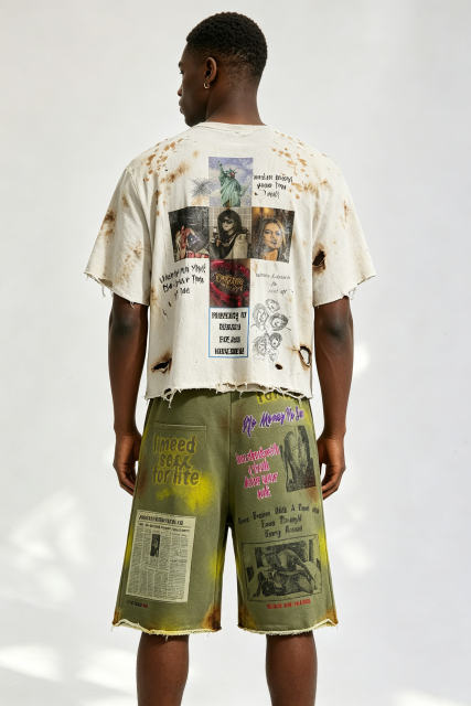 Custom Distressed Splatter‑Stain Collage Graphic Cropped Tee & Tie‑Dye Shorts Set | Men Destroyed Raw‑Edge Streetwear 2‑Piece Outfit