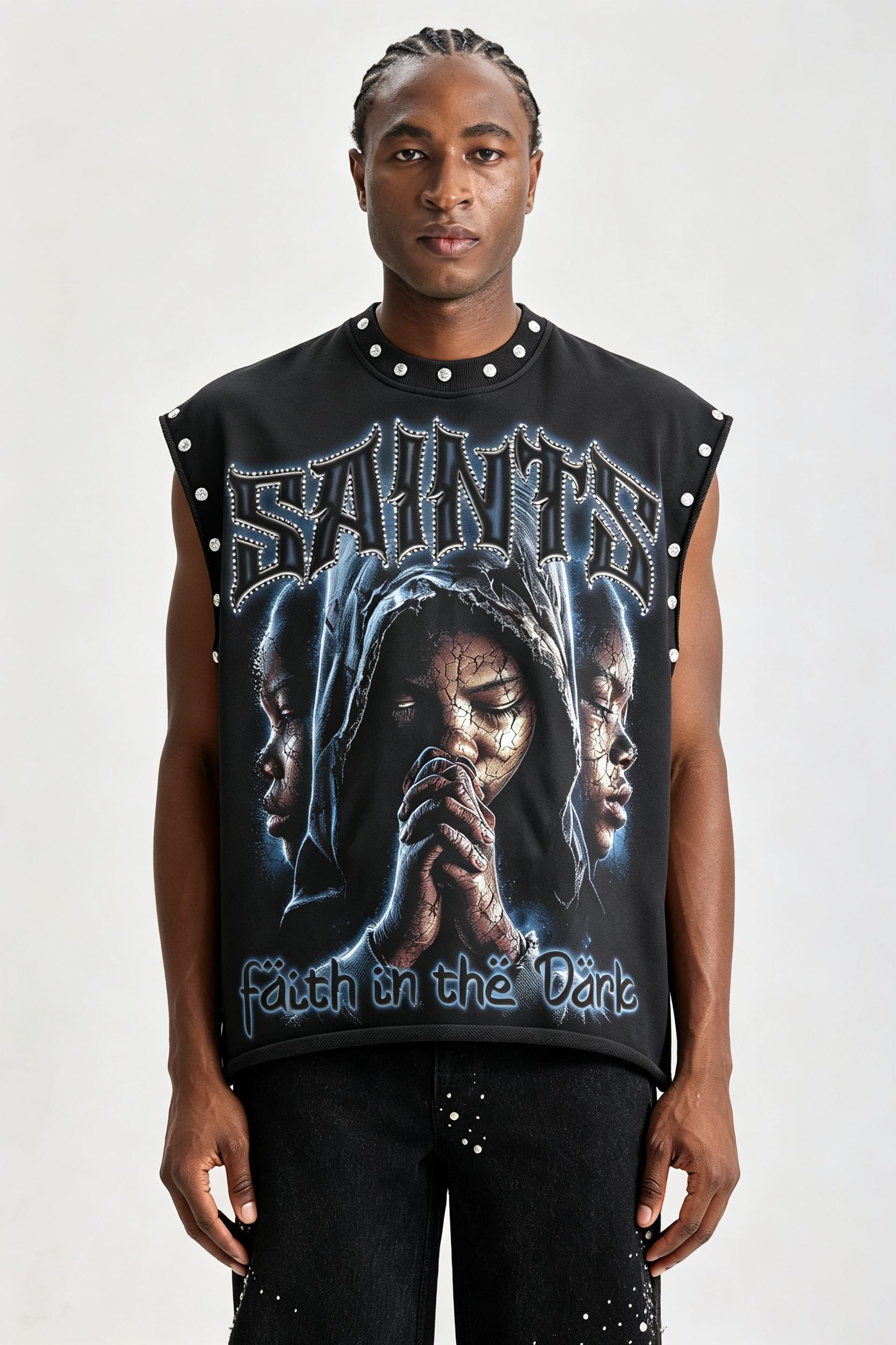 Custom Stud‑Embellished "Faith In The Dark" Graphic Sleeveless Tank Top | Men Oversized Gothic Hip‑Hop Streetwear Cut‑Off Vest