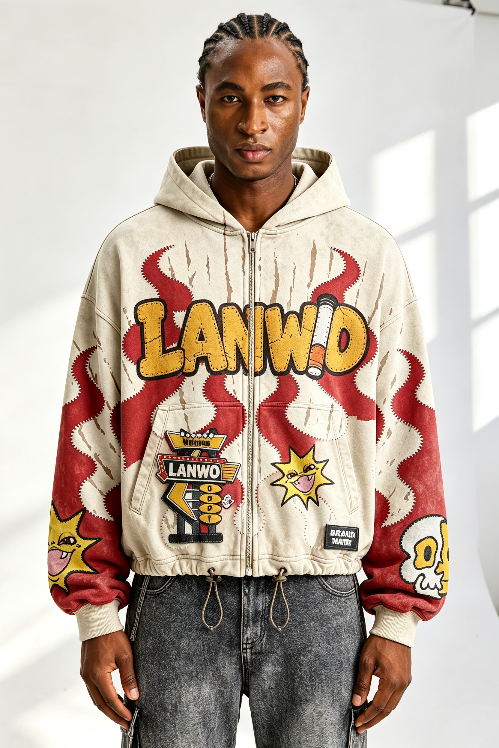 Custom Cartoon Flame Chenille Patch Zip‑Up Hoodie | Men Vintage Washed Cropped Oversized Streetwear Hooded Jacket