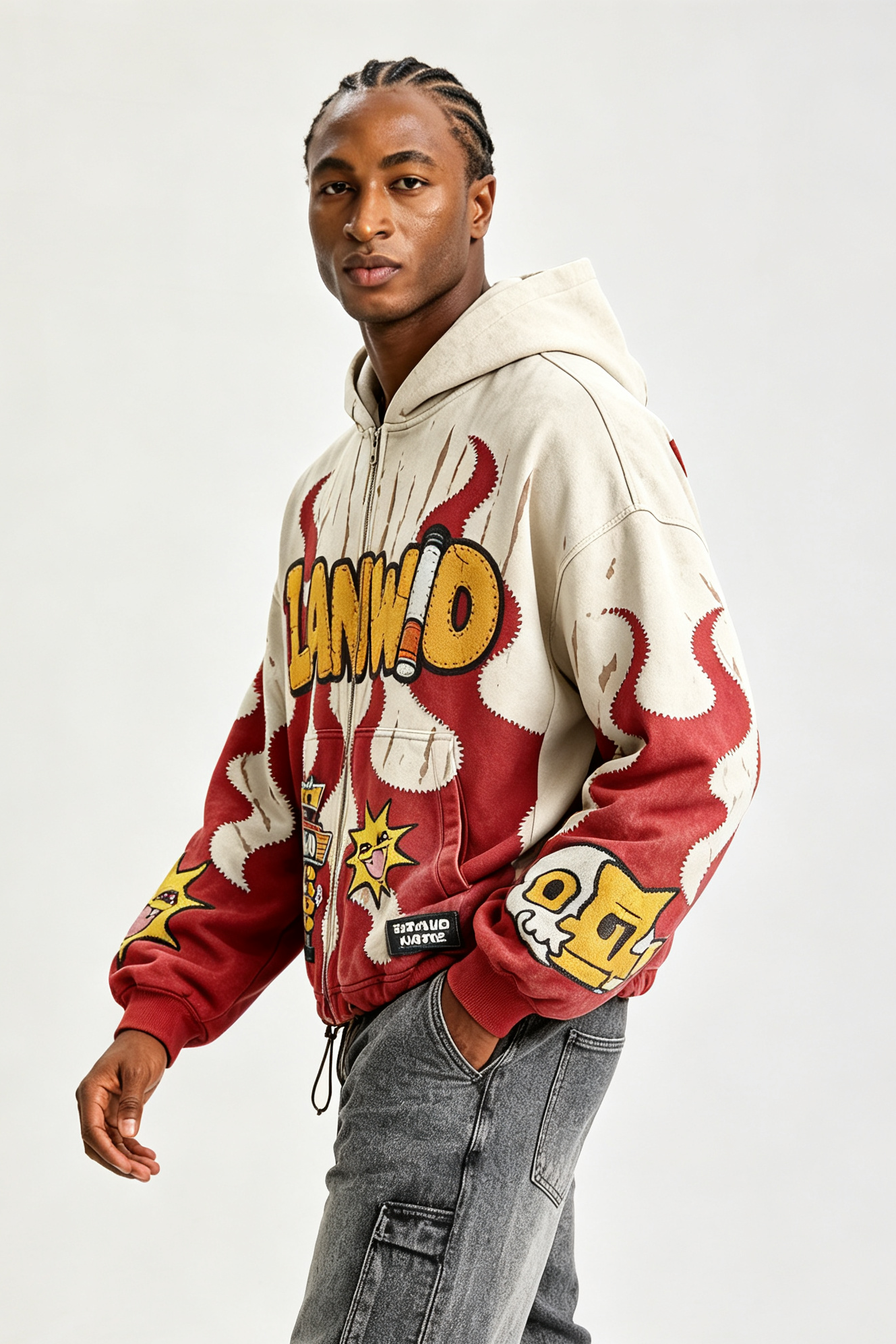 Custom Cartoon Flame Chenille Patch Zip‑Up Hoodie | Men Vintage Washed Cropped Oversized Streetwear Hooded Jacket