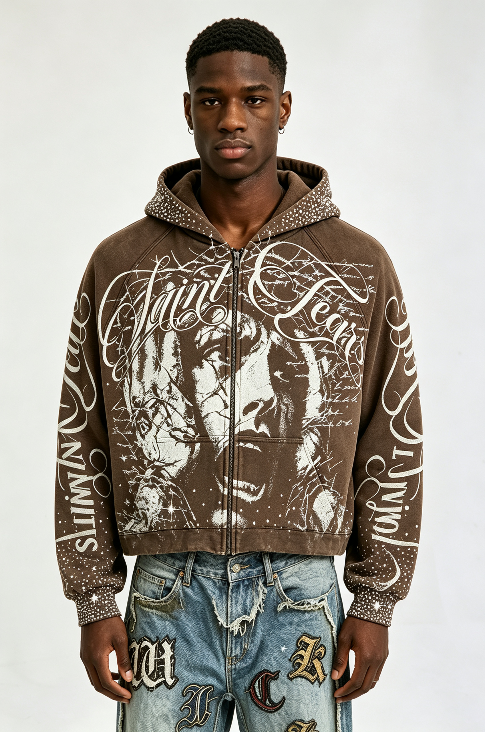 Custom Vintage Washed Brown Saint Tears Graphic Zip‑Up Cropped Hoodie | Men Rhinestone Stud Oversized Streetwear Full Zip Sweatshirt