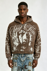 Custom Vintage Washed Brown Saint Tears Graphic Zip‑Up Cropped Hoodie | Men Rhinestone Stud Oversized Streetwear Full Zip Sweatshirt