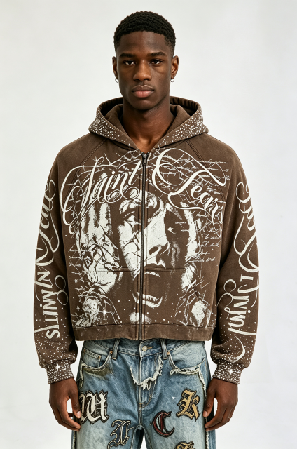 Custom Vintage Washed Brown Saint Tears Graphic Zip‑Up Cropped Hoodie | Men Rhinestone Stud Oversized Streetwear Full Zip Sweatshirt