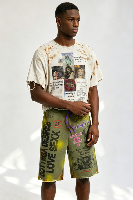 Custom Distressed Splatter‑Stain Collage Graphic Cropped Tee & Tie‑Dye Shorts Set | Men Destroyed Raw‑Edge Streetwear 2‑Piece Outfit
