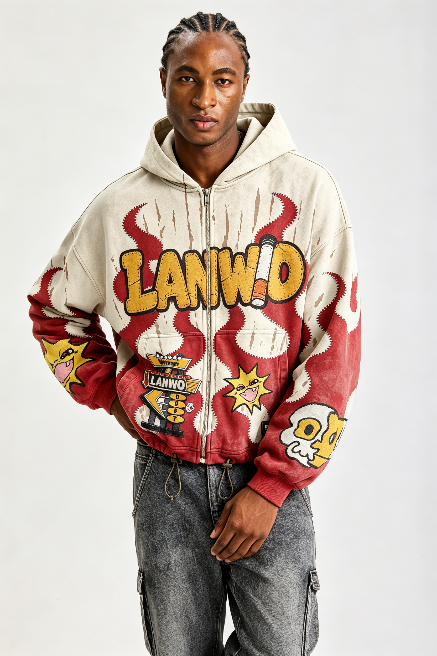 Custom Cartoon Flame Chenille Patch Zip‑Up Hoodie | Men Vintage Washed Cropped Oversized Streetwear Hooded Jacket