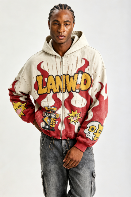 Custom Cartoon Flame Chenille Patch Zip‑Up Hoodie | Men Vintage Washed Cropped Oversized Streetwear Hooded Jacket
