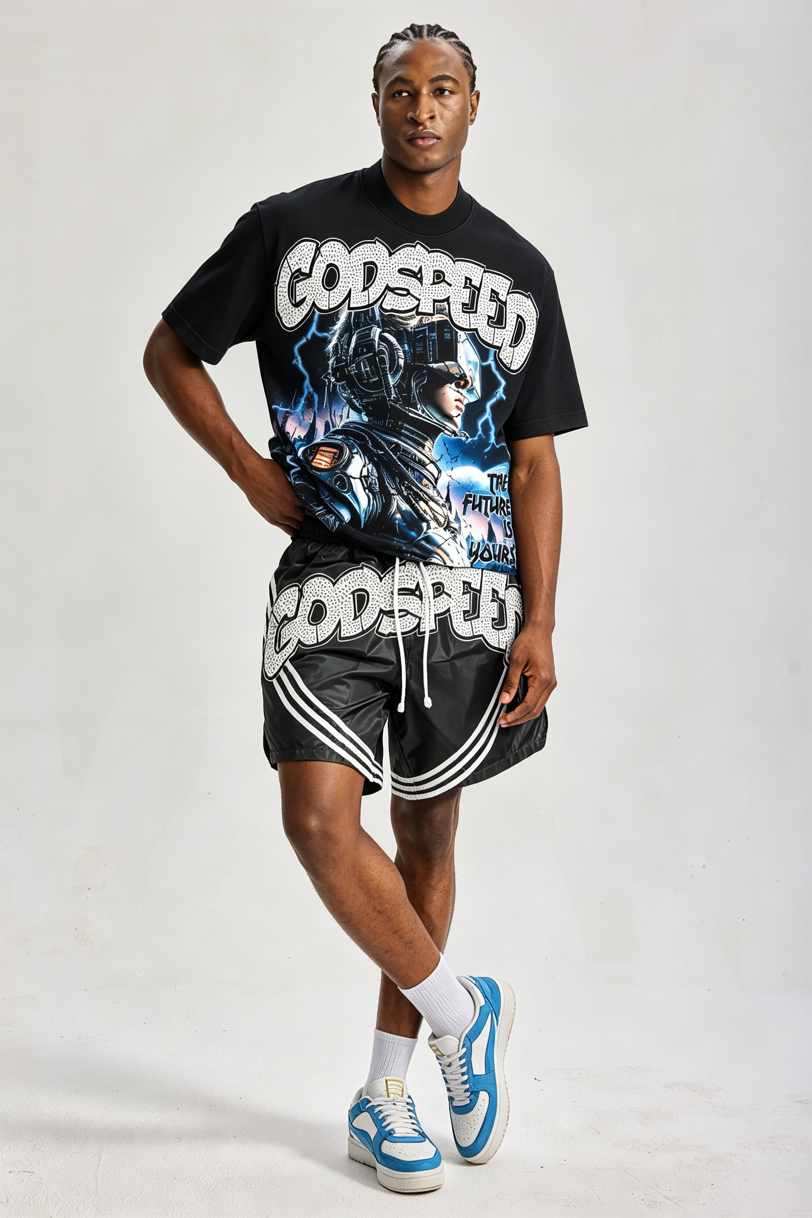 Custom Futuristic Astronaut Graphic Short‑Sleeve T‑Shirt & Striped Shorts Set | Men Oversized Cyberpunk Streetwear 2‑Piece Outfit