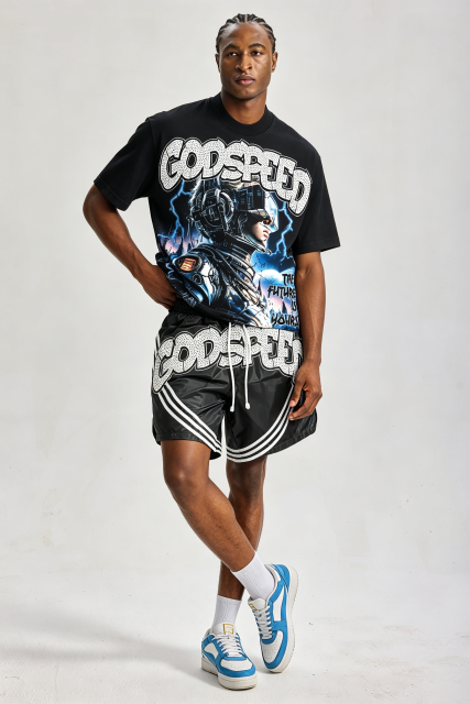 Custom Futuristic Astronaut Graphic Short‑Sleeve T‑Shirt & Striped Shorts Set | Men Oversized Cyberpunk Streetwear 2‑Piece Outfit