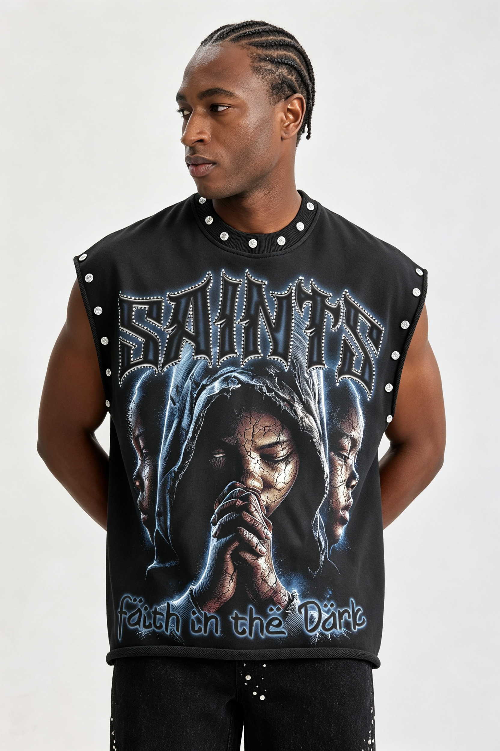 Custom Stud‑Embellished "Faith In The Dark" Graphic Sleeveless Tank Top | Men Oversized Gothic Hip‑Hop Streetwear Cut‑Off Vest