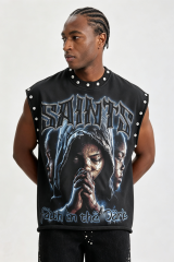 Custom Stud‑Embellished "Faith In The Dark" Graphic Sleeveless Tank Top | Men Oversized Gothic Hip‑Hop Streetwear Cut‑Off Vest