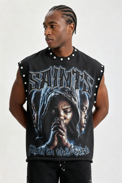 Custom Stud‑Embellished "Faith In The Dark" Graphic Sleeveless Tank Top | Men Oversized Gothic Hip‑Hop Streetwear Cut‑Off Vest