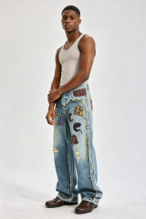Custom Gothic Letter Patchwork Distressed Baggy Jeans | Men Raw‑Edge Frayed Wide‑Leg Streetwear Denim Pants