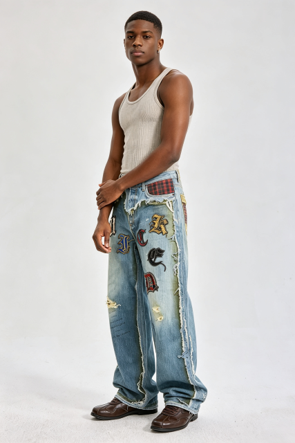Custom Gothic Letter Patchwork Distressed Baggy Jeans | Men Raw‑Edge Frayed Wide‑Leg Streetwear Denim Pants