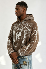 Custom Vintage Washed Brown Saint Tears Graphic Zip‑Up Cropped Hoodie | Men Rhinestone Stud Oversized Streetwear Full Zip Sweatshirt