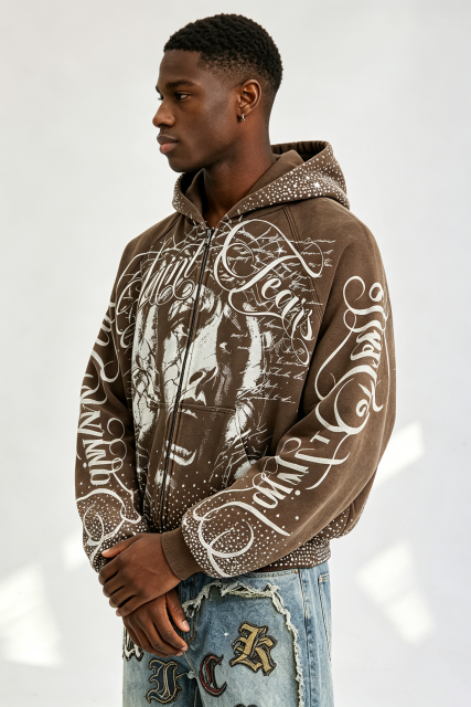 Custom Vintage Washed Brown Saint Tears Graphic Zip‑Up Cropped Hoodie | Men Rhinestone Stud Oversized Streetwear Full Zip Sweatshirt