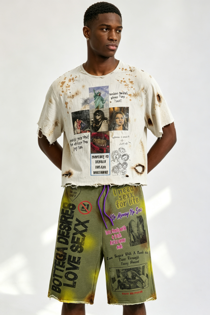 Custom Distressed Splatter‑Stain Collage Graphic Cropped Tee & Tie‑Dye Shorts Set | Men Destroyed Raw‑Edge Streetwear 2‑Piece Outfit