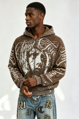 Custom Vintage Washed Brown Saint Tears Graphic Zip‑Up Cropped Hoodie | Men Rhinestone Stud Oversized Streetwear Full Zip Sweatshirt