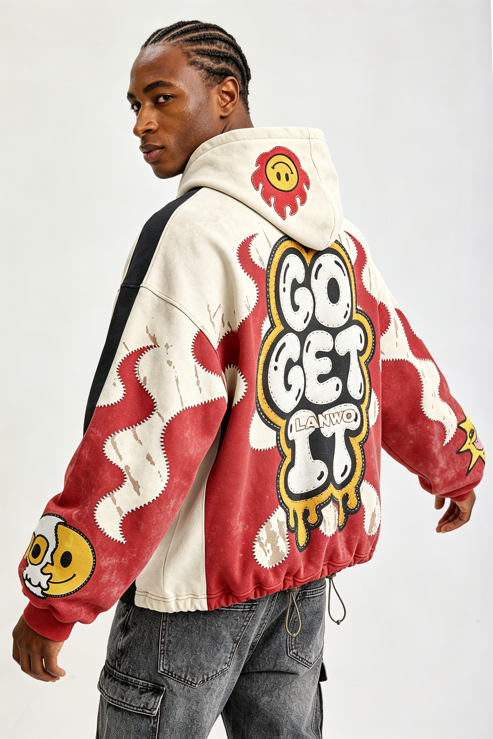 Custom Cartoon Flame Chenille Patch Zip‑Up Hoodie | Men Vintage Washed Cropped Oversized Streetwear Hooded Jacket