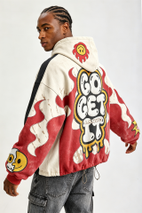 Custom Cartoon Flame Chenille Patch Zip‑Up Hoodie | Men Vintage Washed Cropped Oversized Streetwear Hooded Jacket