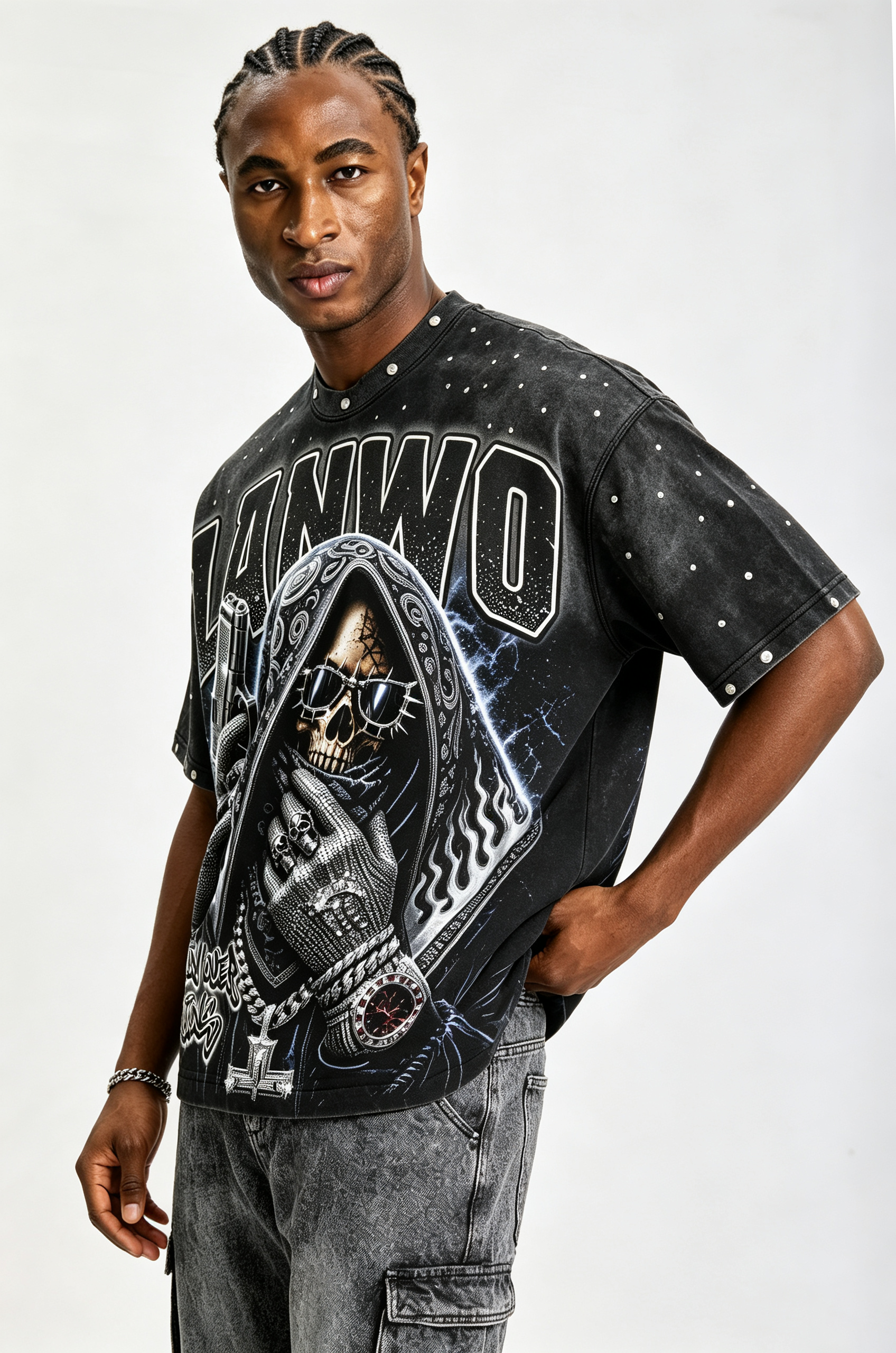 Custom Vintage Washed Skull Gangster Graphic T‑Shirt | Men Metal Stud Oversized Hip‑Hop Streetwear Tee