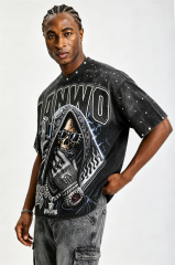 Custom Vintage Washed Skull Gangster Graphic T‑Shirt | Men Metal Stud Oversized Hip‑Hop Streetwear Tee