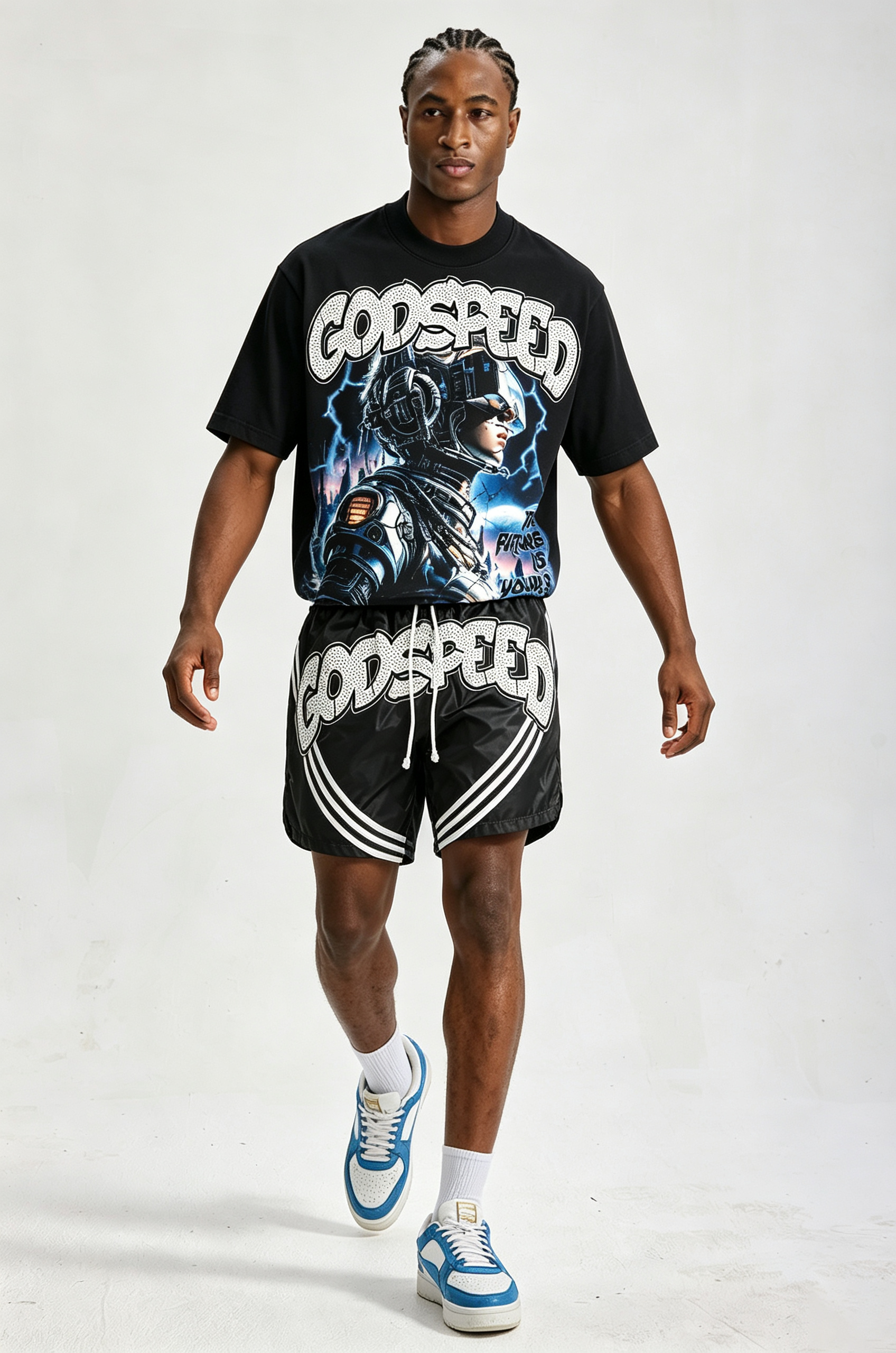 Custom Futuristic Astronaut Graphic Short‑Sleeve T‑Shirt & Striped Shorts Set | Men Oversized Cyberpunk Streetwear 2‑Piece Outfit