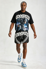 Custom Futuristic Astronaut Graphic Short‑Sleeve T‑Shirt & Striped Shorts Set | Men Oversized Cyberpunk Streetwear 2‑Piece Outfit