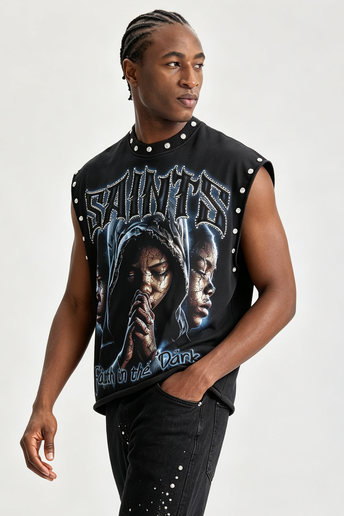 Custom Stud‑Embellished "Faith In The Dark" Graphic Sleeveless Tank Top | Men Oversized Gothic Hip‑Hop Streetwear Cut‑Off Vest