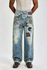 Custom Gothic Letter Patchwork Distressed Baggy Jeans | Men Raw‑Edge Frayed Wide‑Leg Streetwear Denim Pants