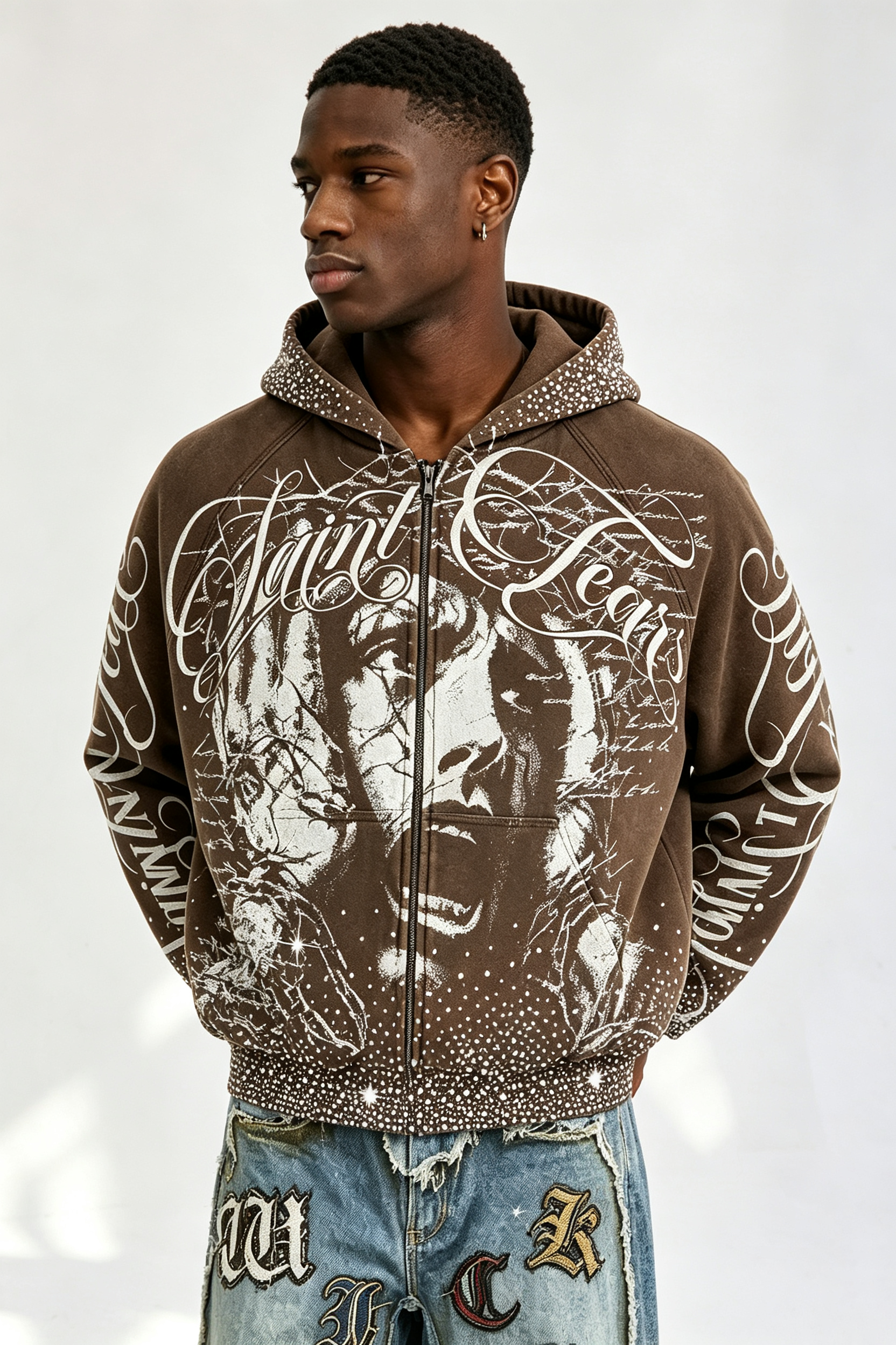 Custom Vintage Washed Brown Saint Tears Graphic Zip‑Up Cropped Hoodie | Men Rhinestone Stud Oversized Streetwear Full Zip Sweatshirt
