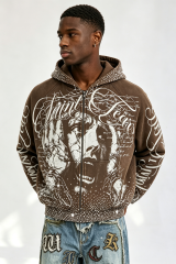 Custom Vintage Washed Brown Saint Tears Graphic Zip‑Up Cropped Hoodie | Men Rhinestone Stud Oversized Streetwear Full Zip Sweatshirt