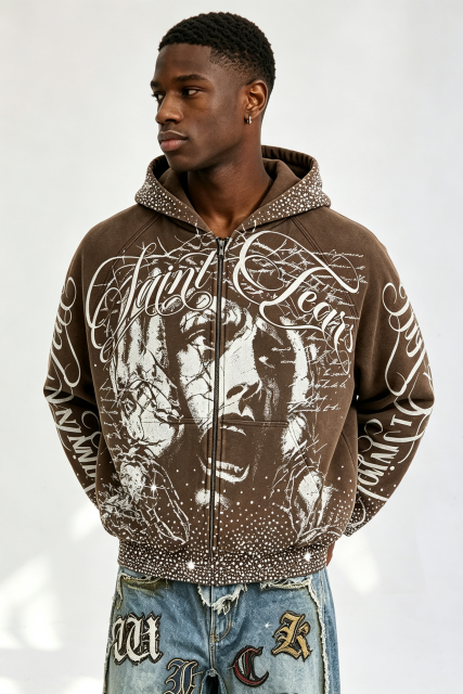 Custom Vintage Washed Brown Saint Tears Graphic Zip‑Up Cropped Hoodie | Men Rhinestone Stud Oversized Streetwear Full Zip Sweatshirt