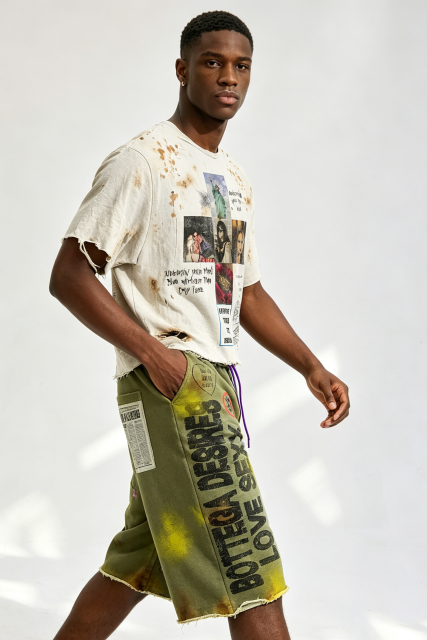 Custom Distressed Splatter‑Stain Collage Graphic Cropped Tee & Tie‑Dye Shorts Set | Men Destroyed Raw‑Edge Streetwear 2‑Piece Outfit
