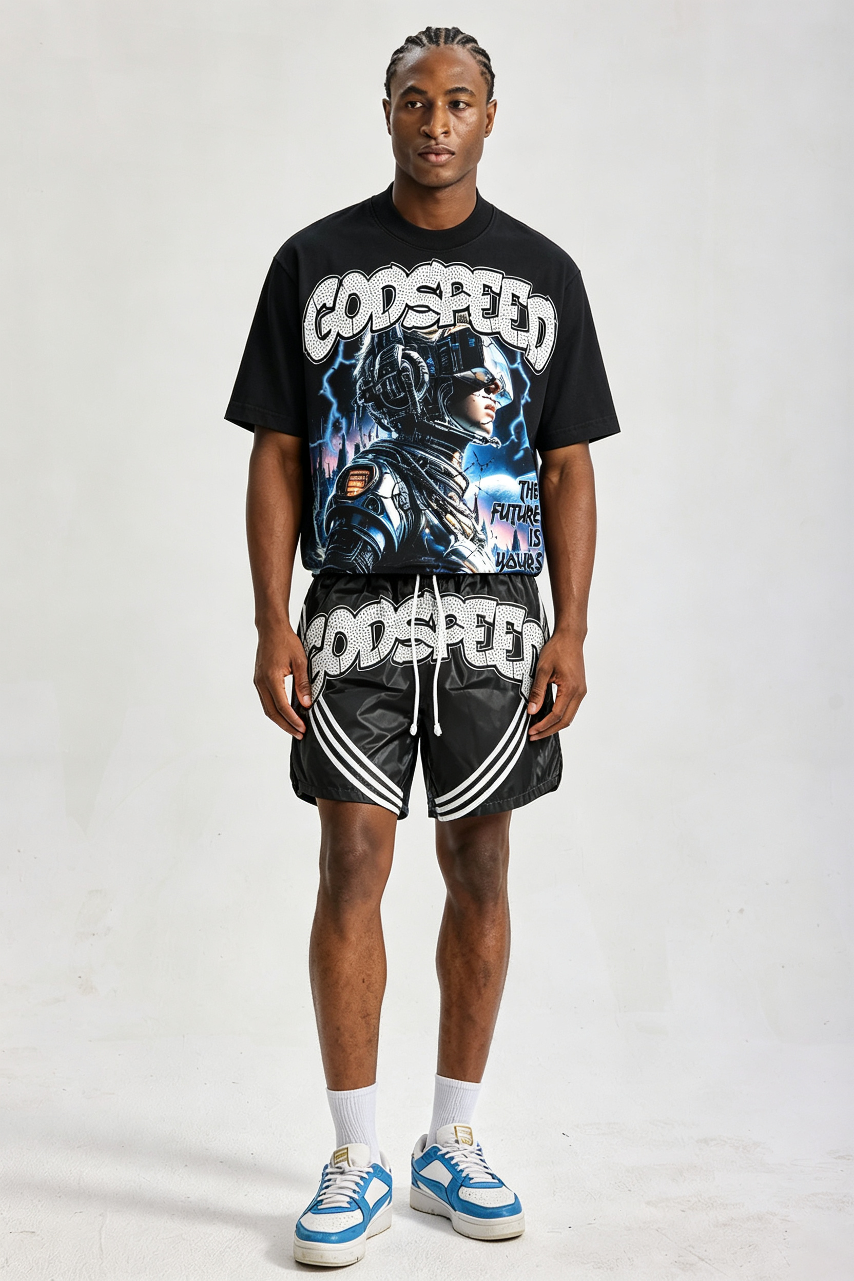 Custom Futuristic Astronaut Graphic Short‑Sleeve T‑Shirt & Striped Shorts Set | Men Oversized Cyberpunk Streetwear 2‑Piece Outfit
