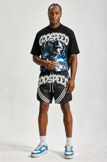Custom Futuristic Astronaut Graphic Short‑Sleeve T‑Shirt & Striped Shorts Set | Men Oversized Cyberpunk Streetwear 2‑Piece Outfit