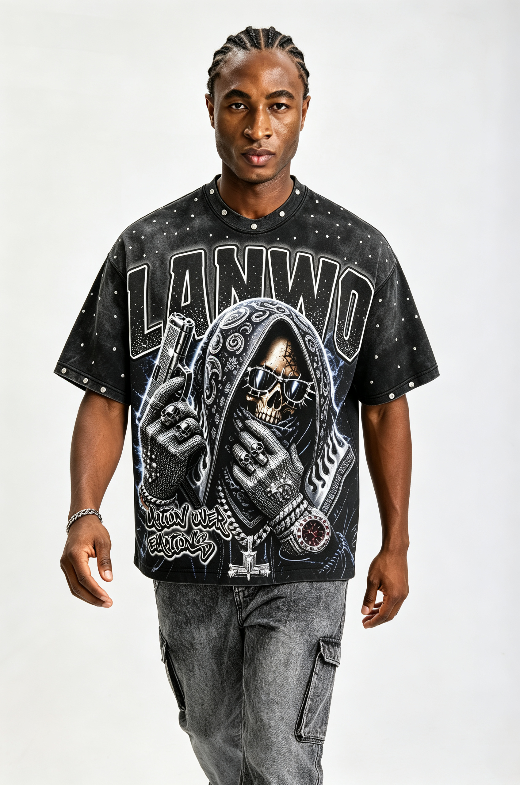 Custom Vintage Washed Skull Gangster Graphic T‑Shirt | Men Metal Stud Oversized Hip‑Hop Streetwear Tee
