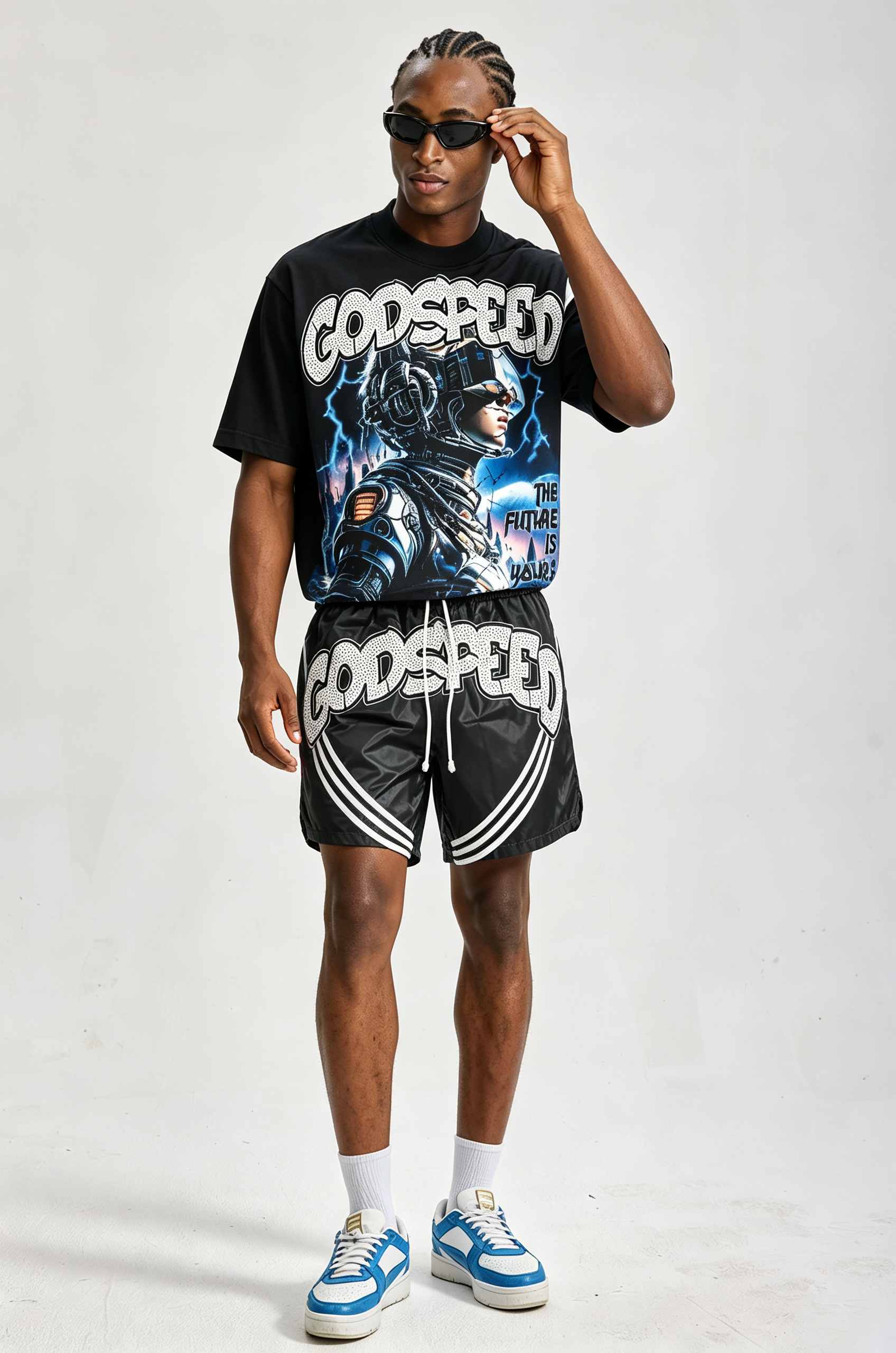 Custom Futuristic Astronaut Graphic Short‑Sleeve T‑Shirt & Striped Shorts Set | Men Oversized Cyberpunk Streetwear 2‑Piece Outfit
