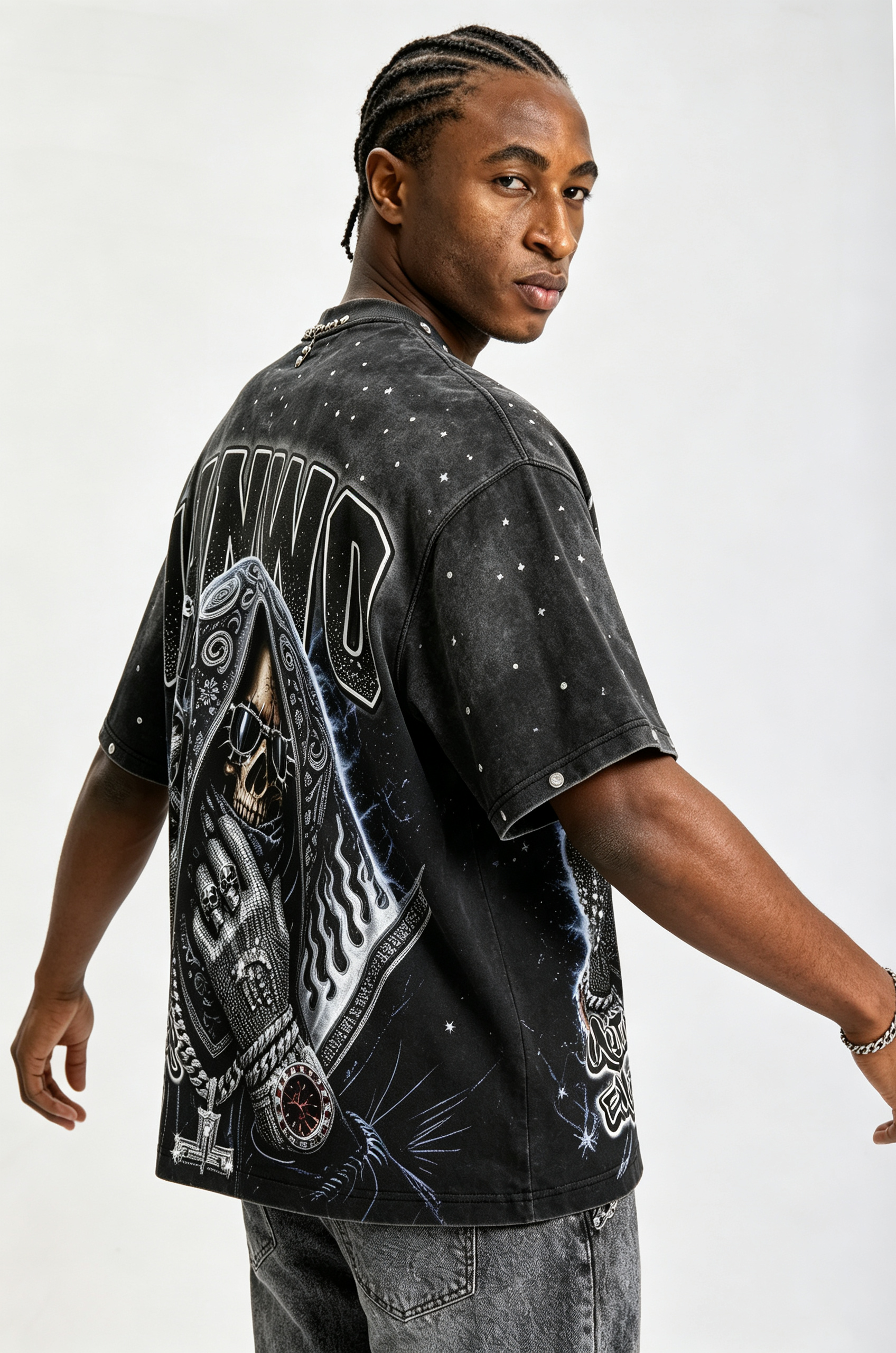 Custom Vintage Washed Skull Gangster Graphic T‑Shirt | Men Metal Stud Oversized Hip‑Hop Streetwear Tee