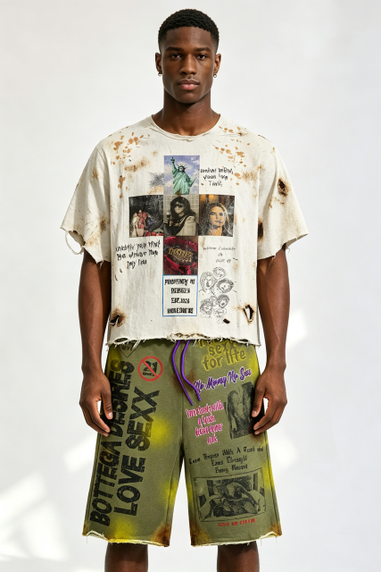 Custom Distressed Splatter‑Stain Collage Graphic Cropped Tee & Tie‑Dye Shorts Set | Men Destroyed Raw‑Edge Streetwear 2‑Piece Outfit