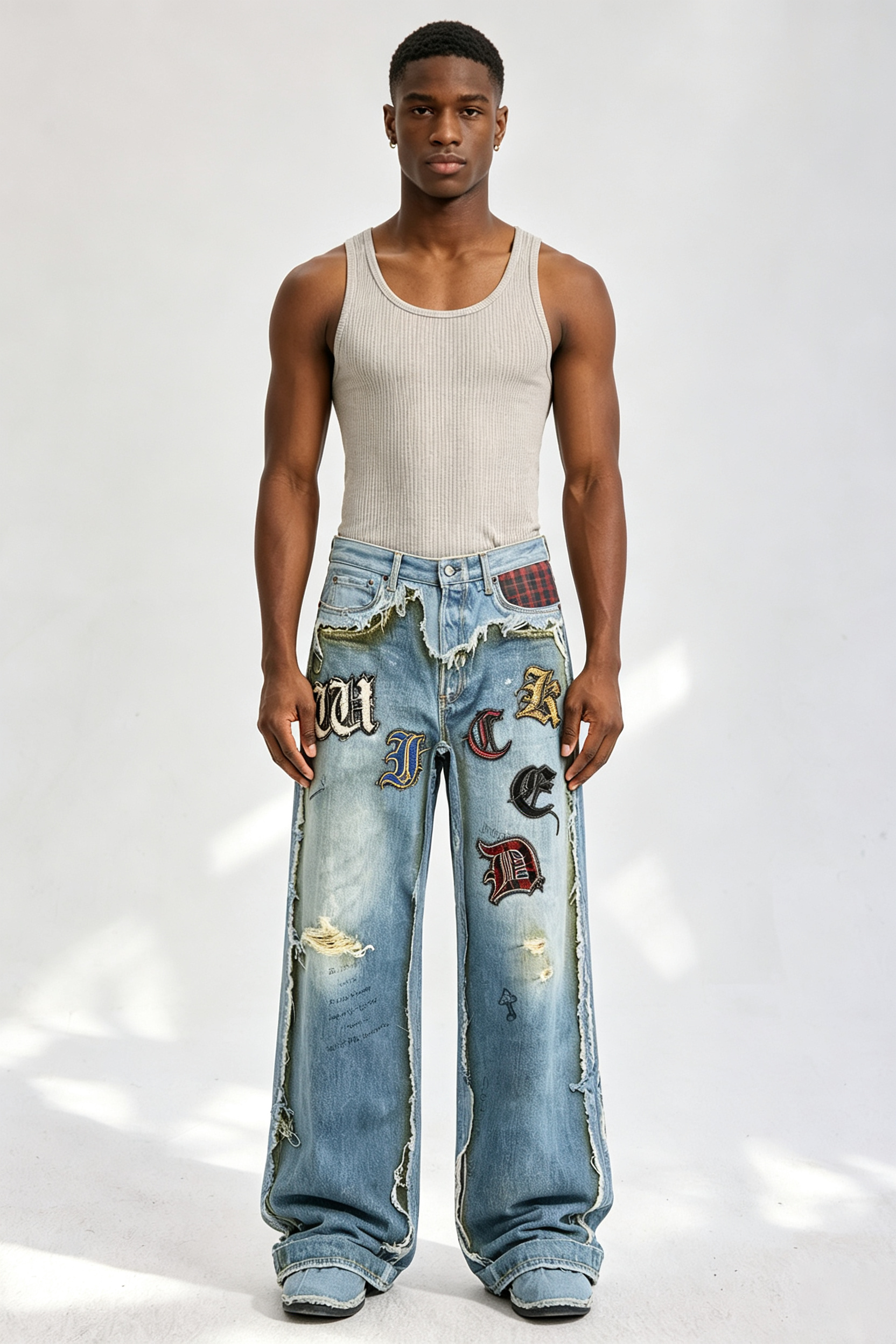 Custom Gothic Letter Patchwork Distressed Baggy Jeans | Men Raw‑Edge Frayed Wide‑Leg Streetwear Denim Pants
