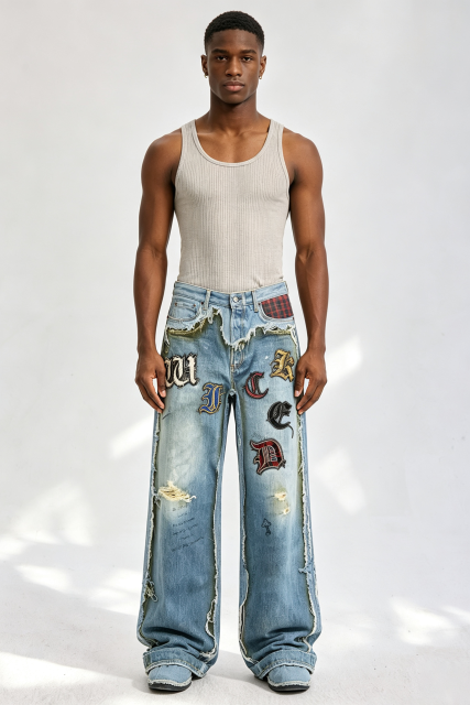 Custom Gothic Letter Patchwork Distressed Baggy Jeans | Men Raw‑Edge Frayed Wide‑Leg Streetwear Denim Pants