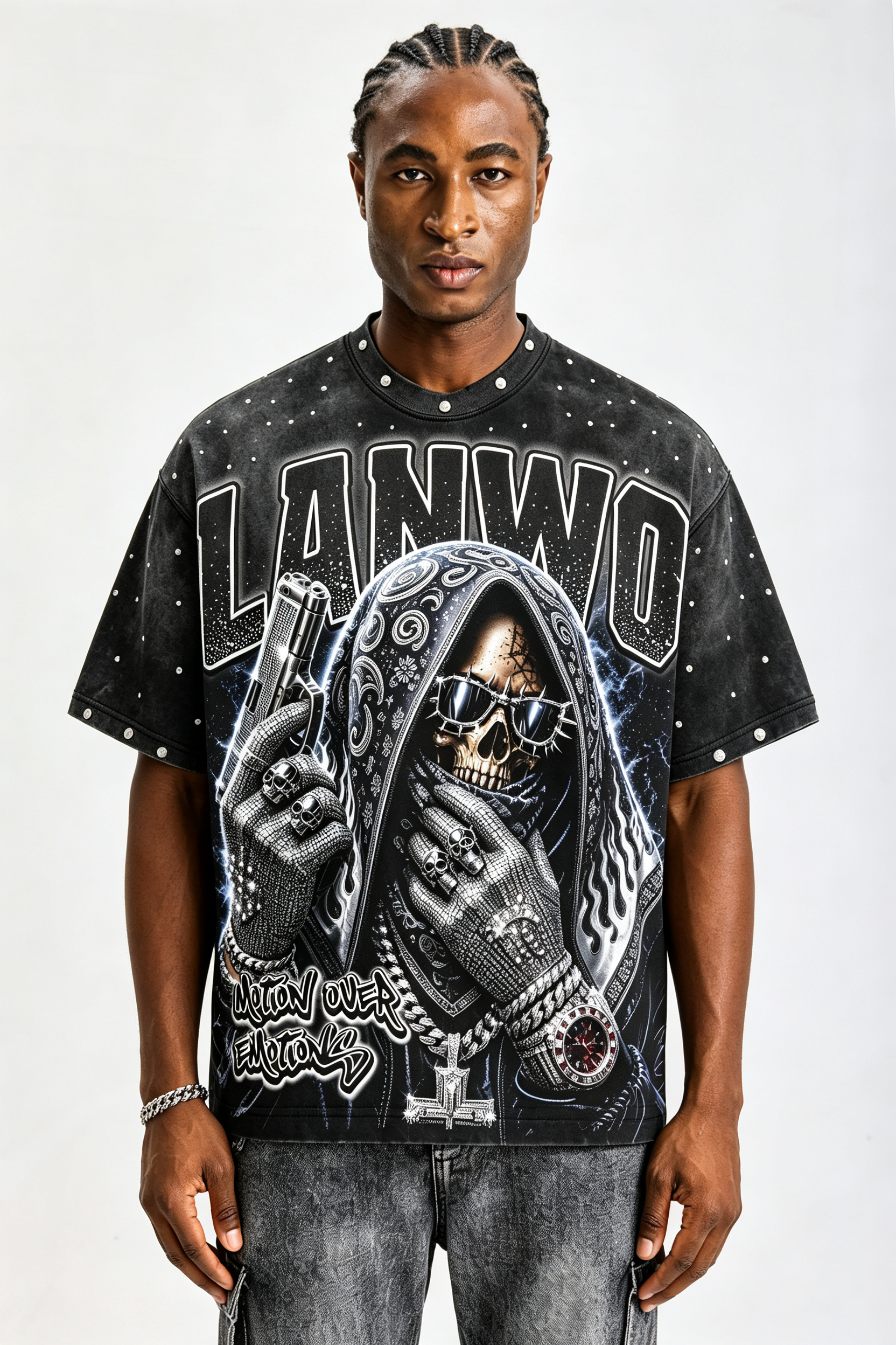 Custom Vintage Washed Skull Gangster Graphic T‑Shirt | Men Metal Stud Oversized Hip‑Hop Streetwear Tee