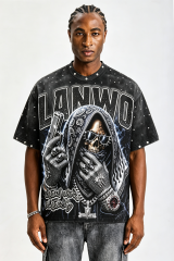 Custom Vintage Washed Skull Gangster Graphic T‑Shirt | Men Metal Stud Oversized Hip‑Hop Streetwear Tee
