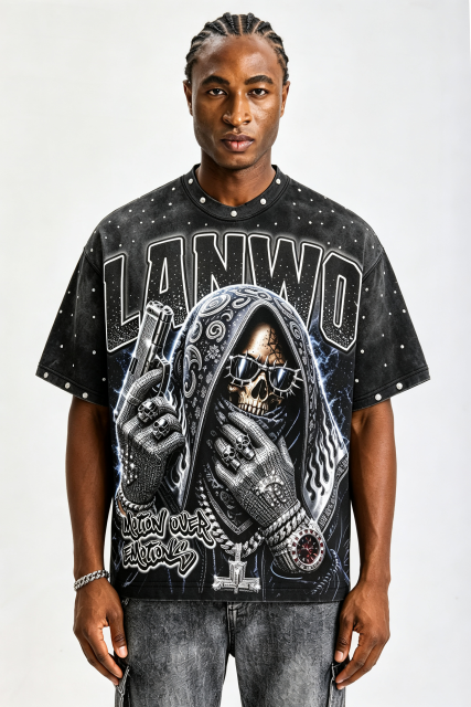 Custom Vintage Washed Skull Gangster Graphic T‑Shirt | Men Metal Stud Oversized Hip‑Hop Streetwear Tee