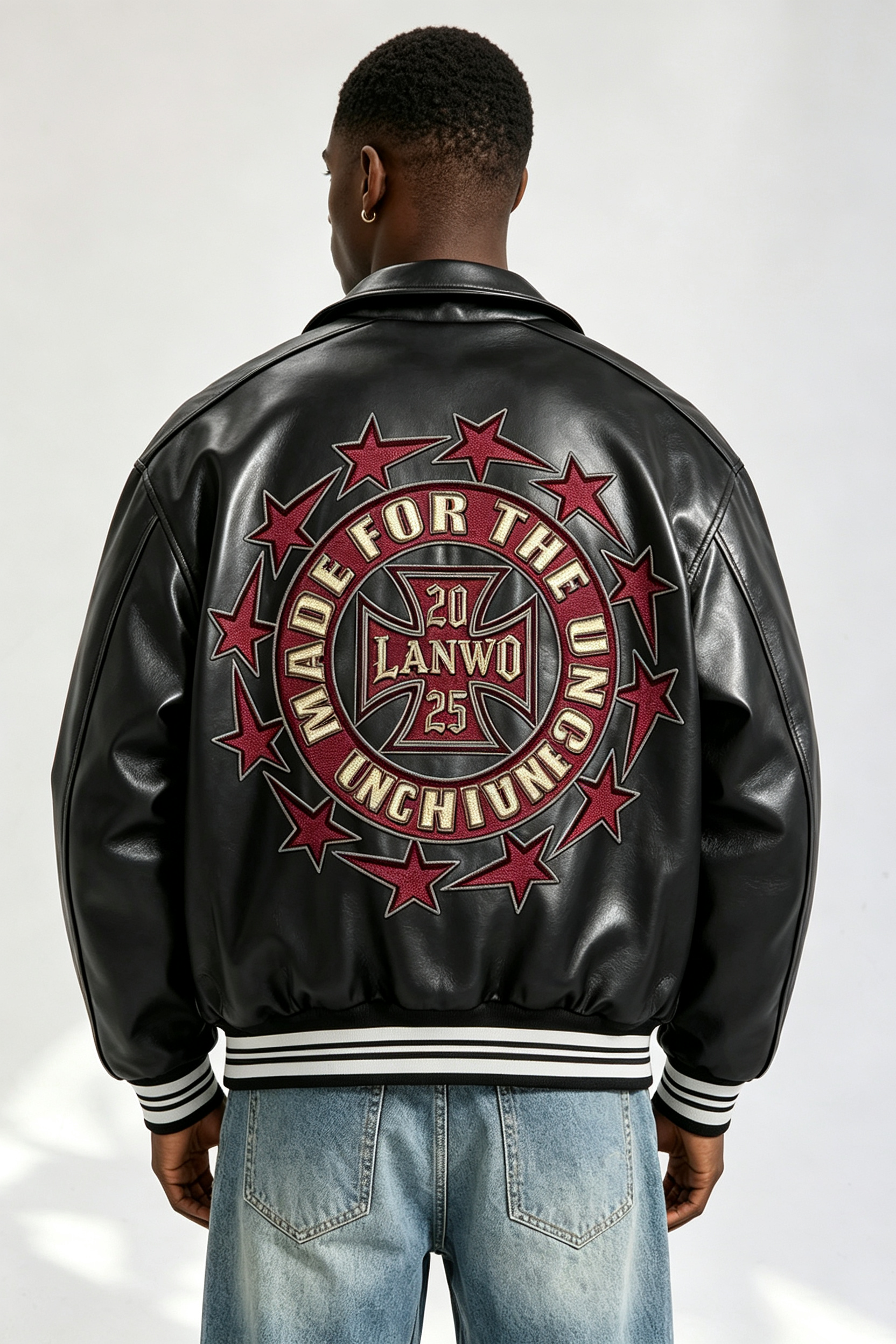 Custom Gothic "Outlaw Pride" Cross Embroidered Faux Leather Varsity Jacket | Men Cropped Boxy Streetwear Bomber
